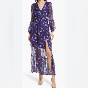 RAHI Leila Purple Long Sleeve Cross Front
Cutout Midi Dress Sheer Lower Size XS